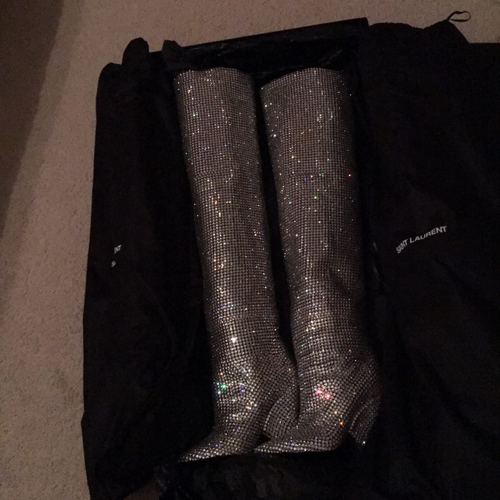 Saint Laurent crystal knee over boots.
